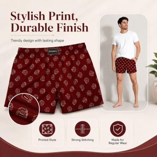 Image of Men's Ultralight Cotton Printed Boxer Shorts | Regular Fit | Soft Cotton Fabric with Microfibre Waistband for All-Day Comfort (Maroon-Dark Blue-L)