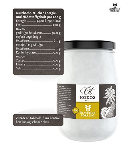 ÖLMÜHLE SOLLING - BIO Kokosöl | 100% natives Bio-Kokosnussöl | Ideal geeignet zum Braten, Backen und Frittieren, als Haut-& Haarpflege sowie für Hunde und Katzen | Inhalt: 1 L