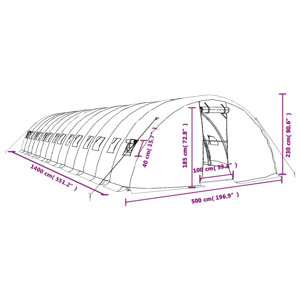 Szklarnia ze stalową ramą, biała, 70 m², 14 x 5 x 2,3 m, do ogrodnictwa hobbystycznego, hodowli roślin, ochrona przed mrozem, odporna na warunki atmosferyczne domek do sadzenia, inspekt, domek
