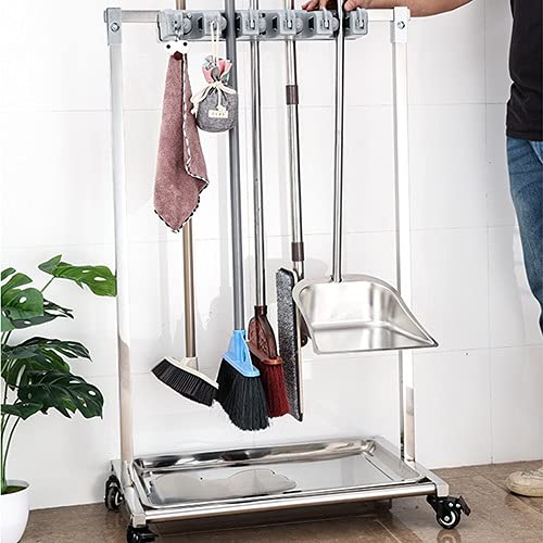 Supporto per scopa e mocio, da pavimento, in acciaio inox, per cucina, garage, giardino