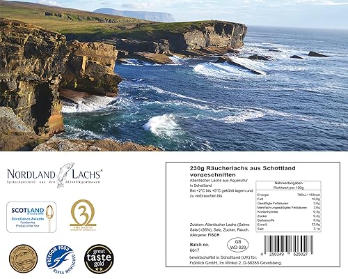 Nordland-Lachs 230g Räucherlachs | Ultrapremium Räucherlachs aus Schottland: handfiletiert, geräuchert, in feinste Scheiben geschnitten | mit TOP Kühlversand