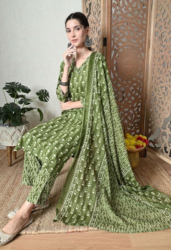 Image of Amazon Brand - Tavasya Women Cotton Anarkali Kurta Pant Dupatta Set | Printed Ethnic Suit Set | Flared Anarkali Kurta with Pant & Dupatta | Festive & Casual Wear