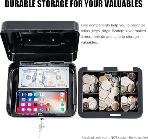 Image of Cash Box with Lock & Key 8 Inch | Heavy Duty Steel Money Safe Box | Cash Storage Box with Removable Tray | 5 Coin Sections & Bill Compartment | Secure Cash Organizer for Home, Shop & Office