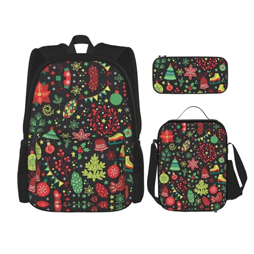 Christmas Tree Print 3 Piece Set Backpack, Lunch Bag, Pencil Case, Cute Sturdy For College And Travel