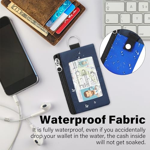Image of Minimalist RFID Wallet with Lanyard, Multi-Functional ID Case with 2 Zipper Pockets and Key Chain for Men and Women, Tactical Badge Pouch Cards Holder, Coin Purse for Travel Sports-DarkBlue