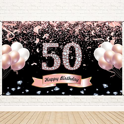 Trgowaul 50th Birthday Decorations for Women - Large Rose Gold Happy 50th Birthday Banner Backdrop Photography Background Sign Poster Decor 50 Years Old Birthday Party Supplies Gifts for her 51