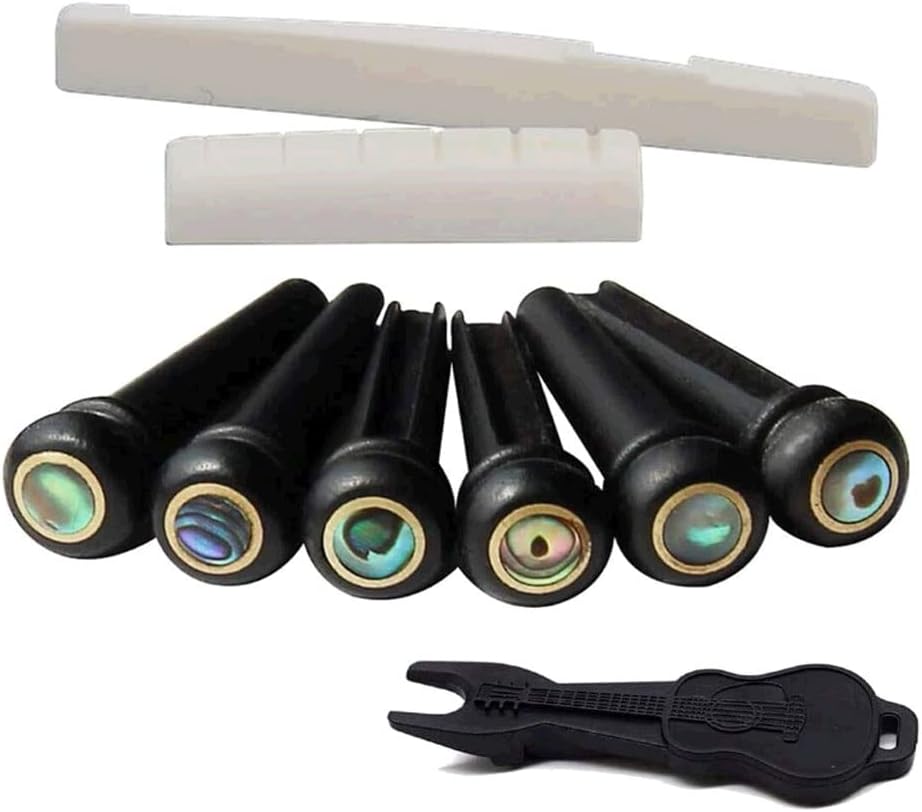 Alnicov Acoustic Guitar Bone Bridge Saddle & Nut Set and 6Pcs Ebony Guitar Bridge Pins with Pins puller