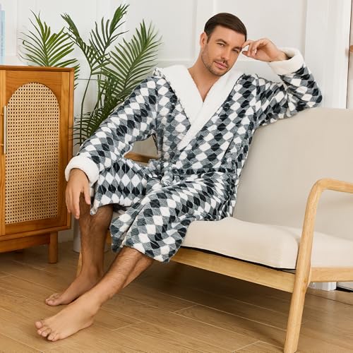 U2SKIIN Mens Plush Fleece Hooded Robe, Soft Warm Long Bathrobe with Sherpa Trim on Hood and Cuffs, Cozy Spa Robe with Pockets4
