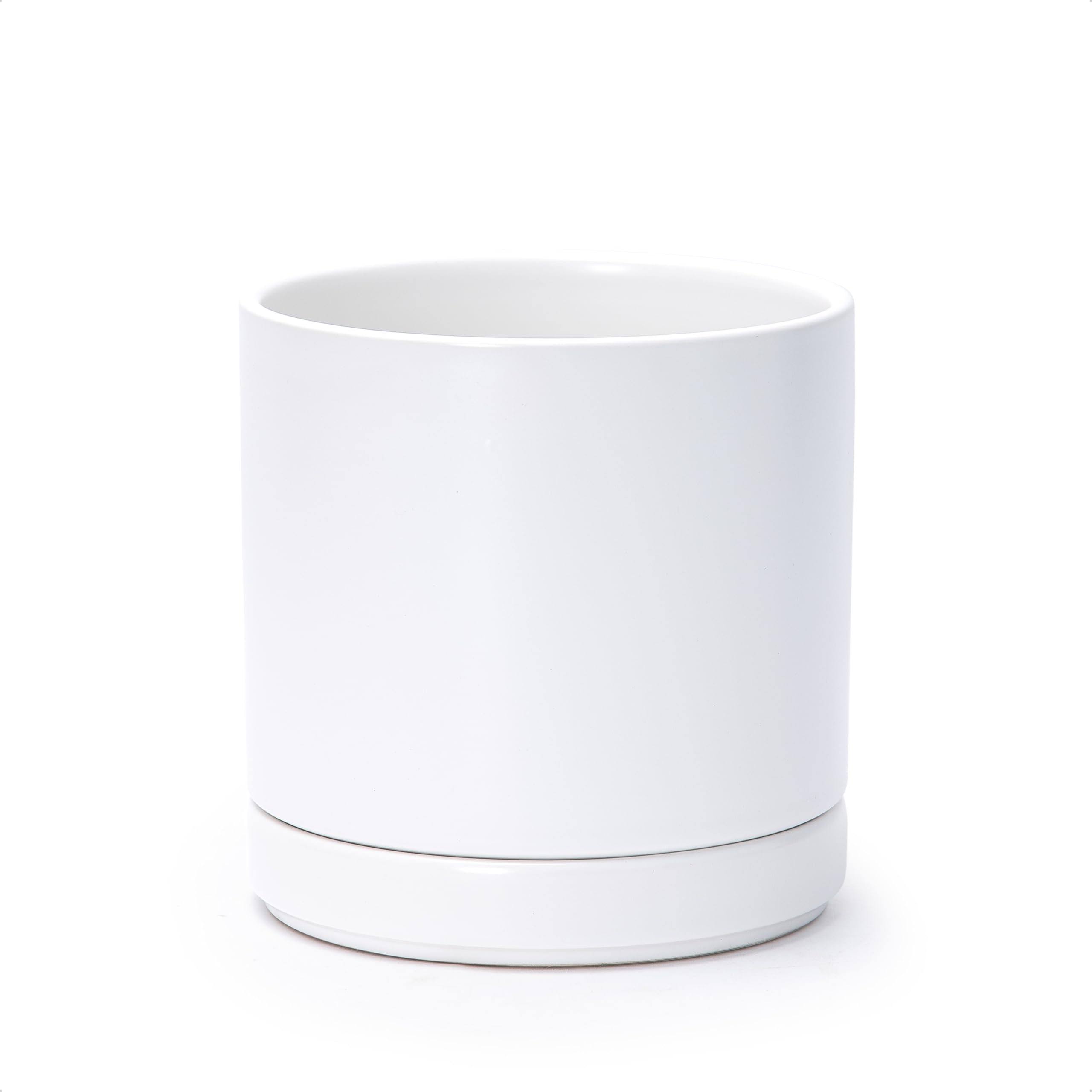 D'vine Dev Ceramic Planter Pot with Drainage Hole and Saucer, Indoor Cylinder Round Planter Pot, 6 Inch, White, 94-O-S-1