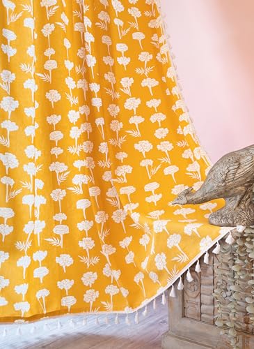 Image of Tranquebar Curtain Co. Window Curtains 5 Feet, Cotton Curtains, 60-65% Room Darkening, Yellow Marigold Floral Print, Yellow Curtains, BackTabs, UTSA (152 cm) - 1 Piece