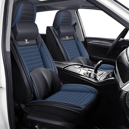 Image of Car Seat Cover for Chevy Equinox 2005-2026 Full Coverage Nappa Leather Car Seat Protector, Fashion Anti-Slip Waterproof Breathable Easy to Install, Auto Interior Accessories(Front Seat,Black&Blue)