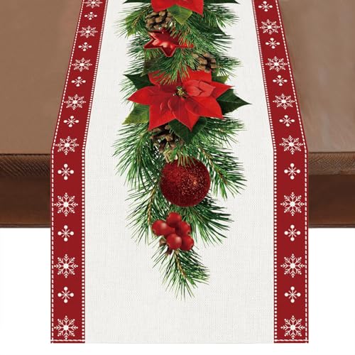 TELAIN Camino de mesa de Navidad con acuarela y flor de Navidad roja, diseño de copos de nieve, decoración festiva de invierno para el hogar, cocina, 13 x 72 pulgadas