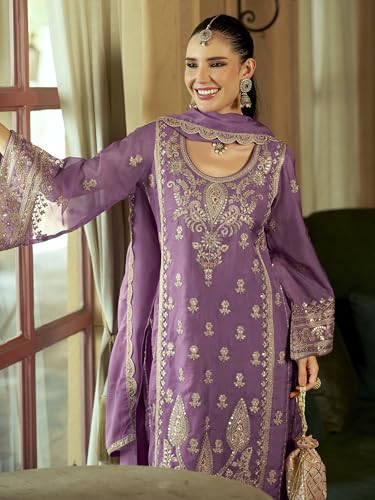 Image of INDO ERA Women's Organza Embroidered Sequinned Kurta & Pant with Dupatta Set | Women Kurta Sets With Dupatta Cotton