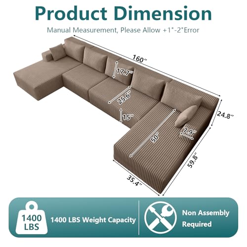 Image of 160 inch U-Shape Cloud Couch, Modern Modular Sectional U-Shape Sofa, Corduroy Boneless Couch Upholstered Couches Deep Seat Sleeper Chaise Longue for Living Room, No Assembly Required,Camel