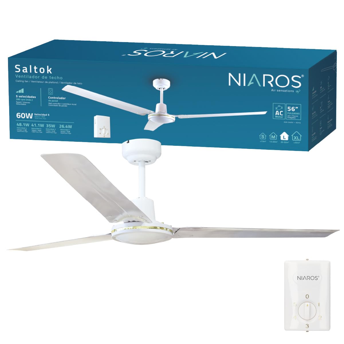 gsc evolution | Ventilador de techo Industrial | Motor AC | Ø142 cm | Ideal para techos industriales | Controlador instalado en pared | 5 velocidades | 220-240V