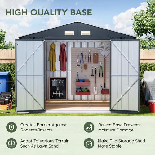 Image of 10x12 FT Outdoor Metal Storage Shed with Floor Frame, Double Swing Doors, 2 Clear Windows, Replaceable Skylight Roof Panel, Tool Shed for Garden, Patio, Backyard