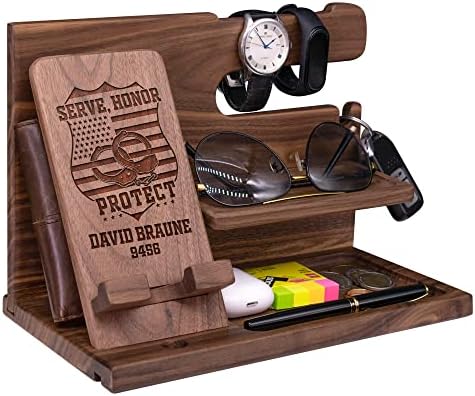 Phone Docking Station For Police - Handmade Unique Nightstand Organizer For His Accessories - Personalized Gift Ideas for Dad, Grandpa, Husband, Boyfriend on Fathers Day, Birthday, Anniversary
