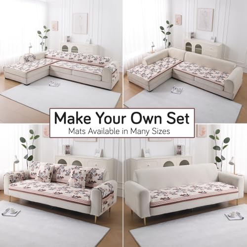 Image of HOKIPO 'LiefNest' Holland Velvet Sofa Cover Mat with Foam Filling for 1 /2 /3 Seater & L-Shape Sofa. Make Your Own Sofa Cover Set, Mat Size: 170(L) cm, Chrysanthemum Bloom Soft Beige (IN-824-D6)