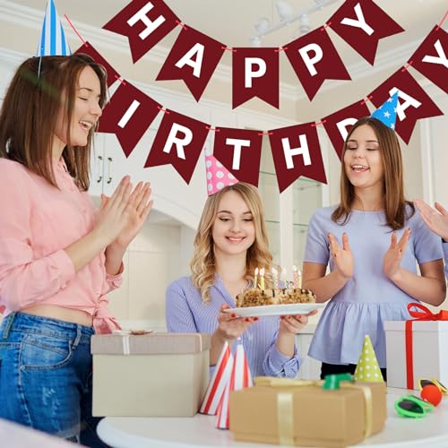 Image of Hooqict Burgundy Happy Birthday Banner Sign for Backdrop Burgundy Birthday Party Decorations for Kids Girls Women Party Banner Wall Porch Door Hanging Garland