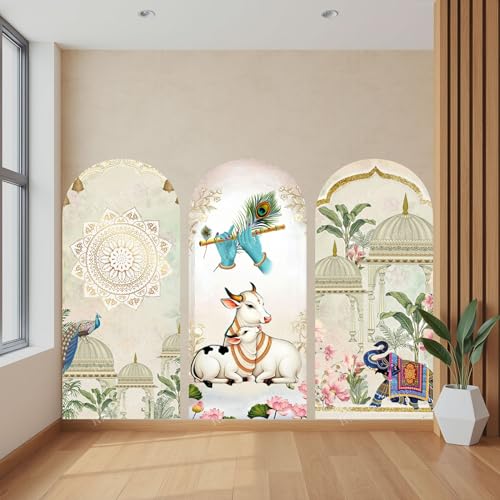 Image of Ridit Creation Krishna Cow Wall Poster Set of 3 (120x90 cm) | Modern Religious Wall Art | Lord Krishna Flute with Cow Canvas Print | Decorative Wall Poster for Living Room, Bedroom & Temple Decor