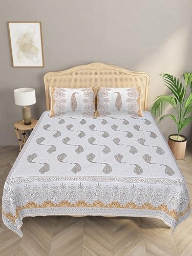 Image of LIVING ROOTS Jaipuri Hand Block Print Queen Cotton Bedsheet 86 * 96 Inches (7.1 * 8 Feet) with 2 Pillow Cover | 140 TC | Rich Fast Colour with No Colour Bleeding (205-A)