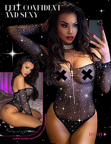 Rslove Women's Sexy Mesh Lingerie Sparkle Fishnet Bodysuit Babydoll One Piece Fishnet Teddy Black #TOP2