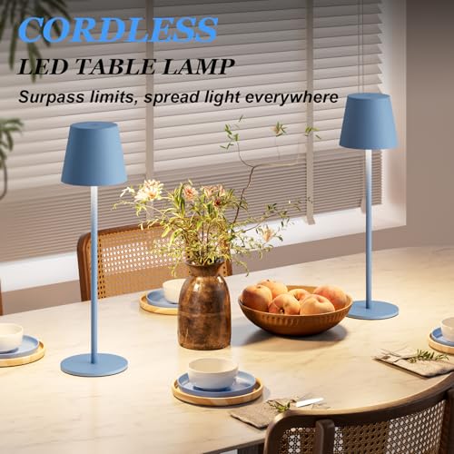 Image of Kakanuo Cordless Table Lamp Rechargeable Blue - KK 2 Pack 5000mAH Battery Operated Lamp for Dining Table, 3 Color Stepless Dimming Wireless Lamp for Counter, Outdoor Patio, Touch Control