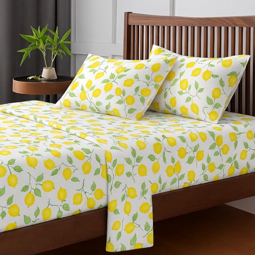Image of King Size Bedsheet - Lemon Print - 108 x 108 Inches - Brushed Microfiber Flat Sheet with Pillow Covers - Soft, Cooling, Wrinkle & Fade Resistan