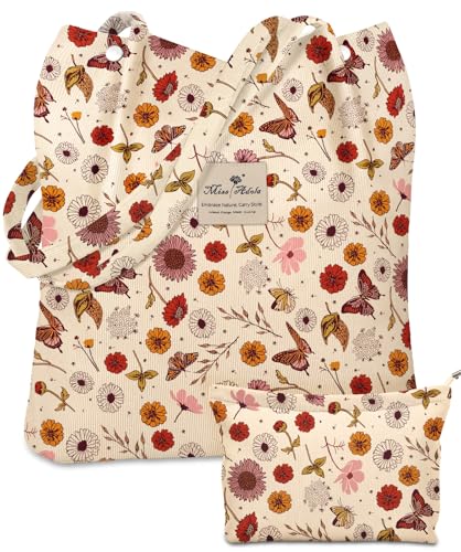 Miss Adola Bolsa de veludo cotelê Aesthetic 2 unidades - com bolsa de maquiagem de veludo cotelê para mulheres, bolsa de compras reutilizável com flor de borboleta, bolsa de ombro com fivela para