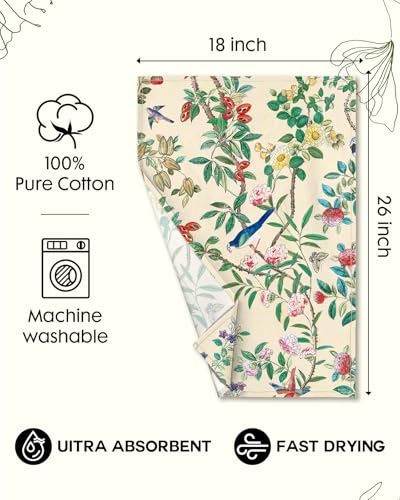 Image of Miss Adola 150GSM Flour Sack Kitchen Towels Set of 2, Bird on Branch | 18 inchx26 inch, Lightweight, Lint-Free, Pure Cotton, Decorative, with Hanging Loop, Absorbent, Softer after Wash, Giftable Package