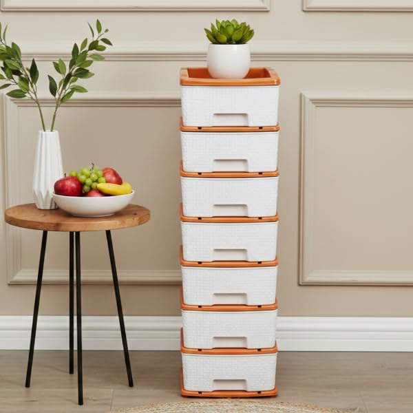 Image of Plastic Modular Drawer Storage Chest Of Drawers Organizer Storage Box, Large Stomo Racks For Multipurpose Anti-slip Shoes Organizers (White & Golden, 7 Layer)