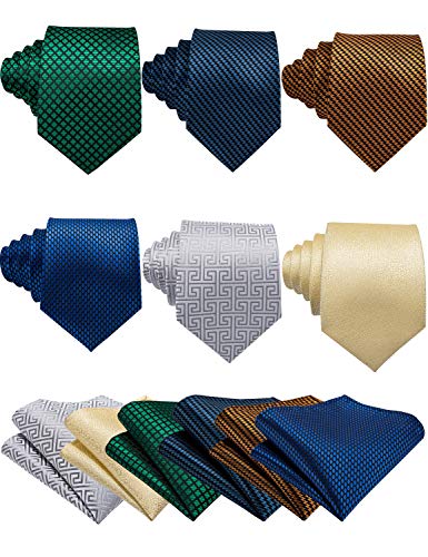 Barry.Wang Men Check Tie Pocket Square Set with Tie Clip Cufflink Designer Silk Necktie 6PCS for Formal Wedding