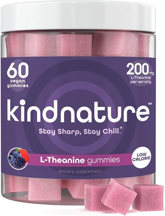 kindnature L-Theanine Gummies 200mg – Vegan Calm & Focus Supplement for Adults & Kids Ages 4+ – Mixed Berry Chewable, Low Sugar, Non-Drowsy*