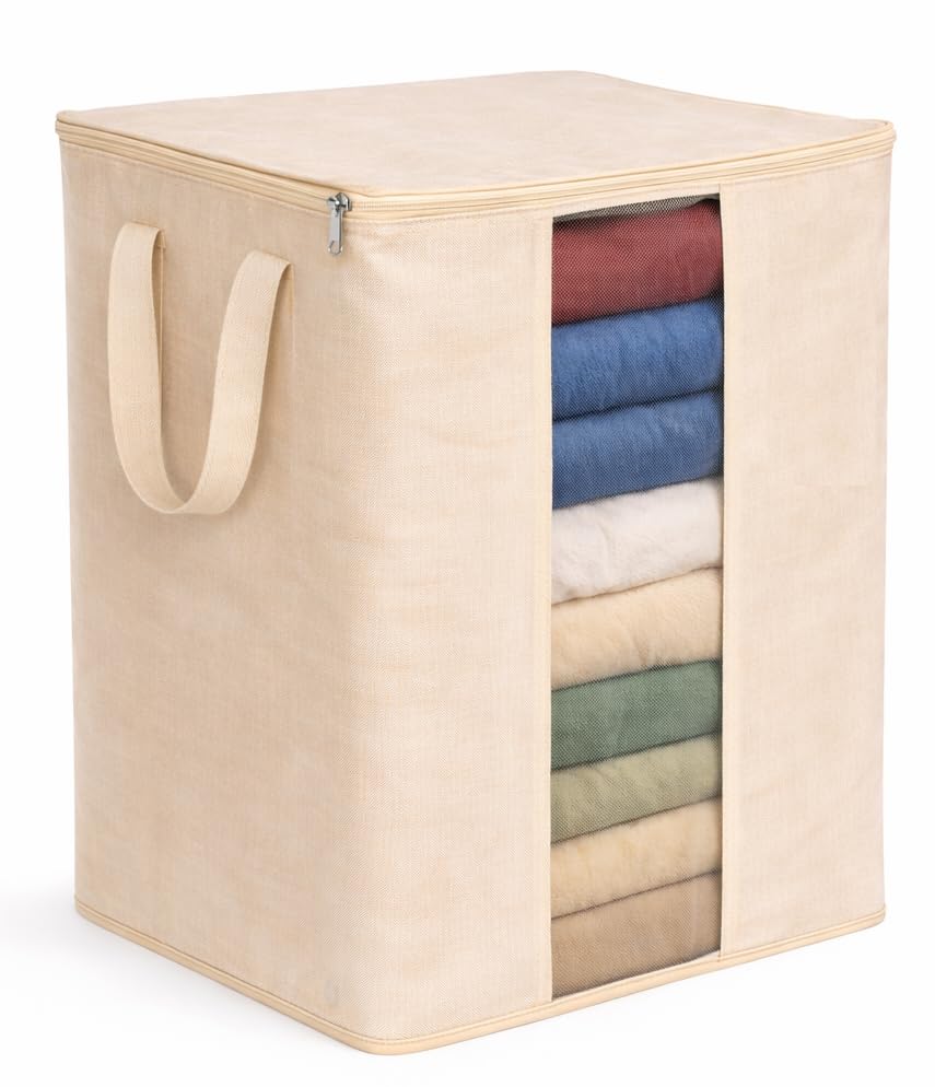 Image of Pack of 1 Large Capacity Cotton Canvas Storage Bag with PVC Clear Window | Multipurpose Blanket, Saree, Lehenga & Clothes Organizer | Beige | 24 x 18 x 12 Inch