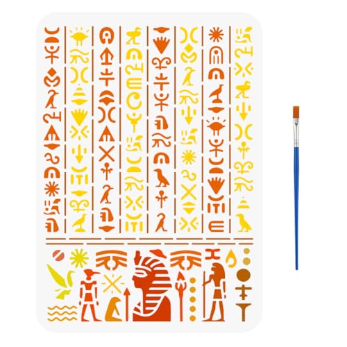 FINGERINSPIRE Pochoir D'Écriture Égyptienne Ancienne Avec Un Pinceau 29.7X21cm Pochoir de Symboles Égyptiens Pochoir Hiéroglyphes Modèle de Dessin de...