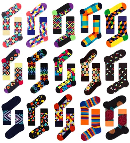 JNRB Men's/Women's Cotton Colorful Crew Dress Socks Geometric Pattern Engraved Gift Box, Size S-M or L-XL 15pack or 18pack3