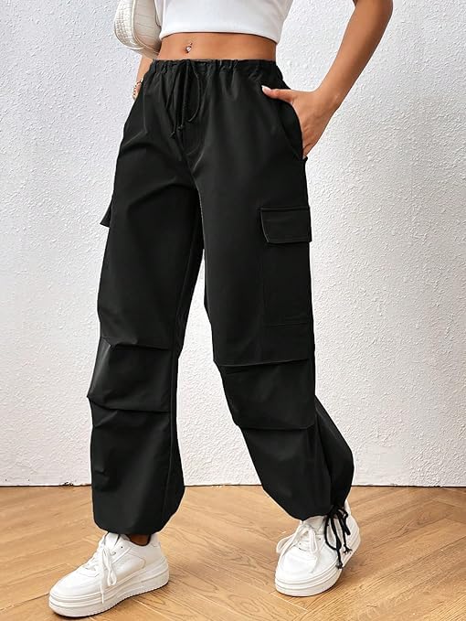 AREAL FASHION Women's Parachute Cargo Pants/Mid Rise Trouser with Pockets for Hiking, Camping, Traveling, Outdoor Activities, Solid Drawstring Waist Flap Pocket Side (28, Black) 1