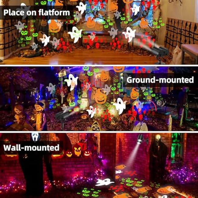 Double Head Halloween Projector Lights Outdoor with Timer,IP65 Waterproof Dynamic Halloween Ghost Skeleton Pumpkin Devil Face Lights for Home Window Wall Decor