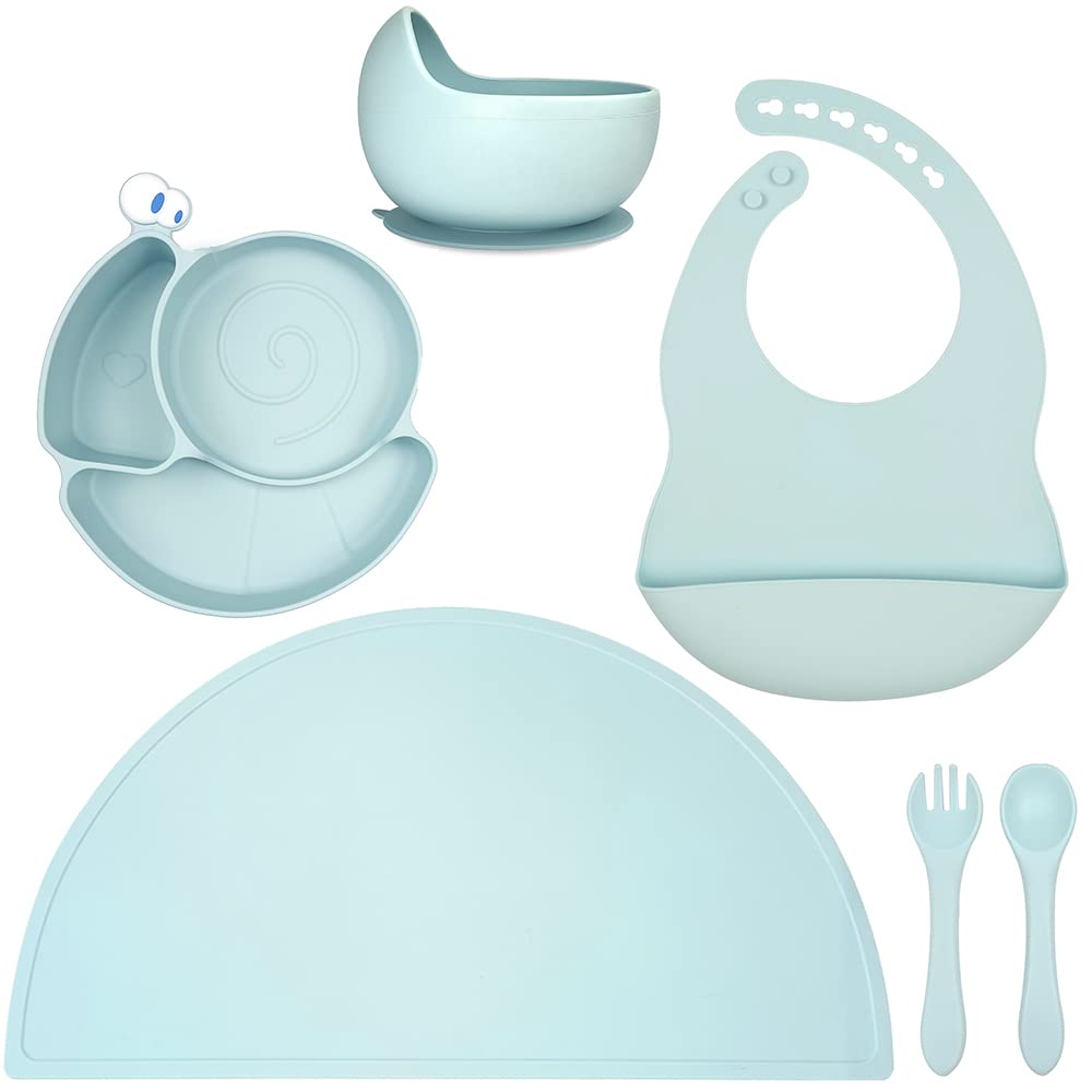 6 PCS Silicone Baby Feeding Set, Toddler Divider Plate & Bowl with Suction, BPA Free Baby Tableware Set with Silicone Bib and Utensils Feeding Supplies for Toddlers (Light Blue)