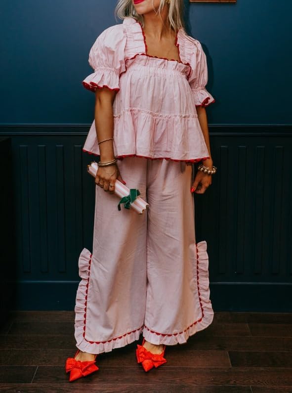 Argeousgor Women Plaid 2 Piece Pajama Set Button Down Puff Sleeve Babydoll Shirt Gingham Pants Pj Lounge Set Sleepwear - Image 4