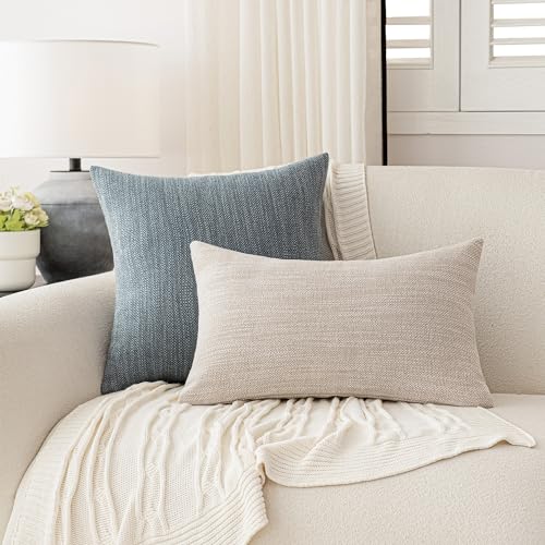 Image of Foindtower Set of 2 Decorative Textured Burlap Linen Throw Pillow Covers Farmhouse Boho Cushion Cover Solid Accent Pillowcase for Couch Sofa Bed Living Room Home Decor,18x18 Inch,Blue Gray