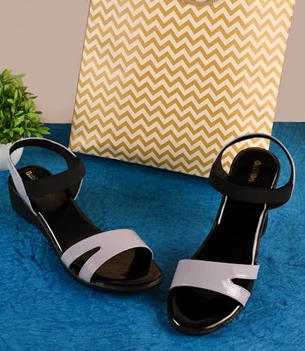 Image of Action Women's Patent Platform Sandals|Open Toe| Elastic Ankle Strap| Wedge Heel Black