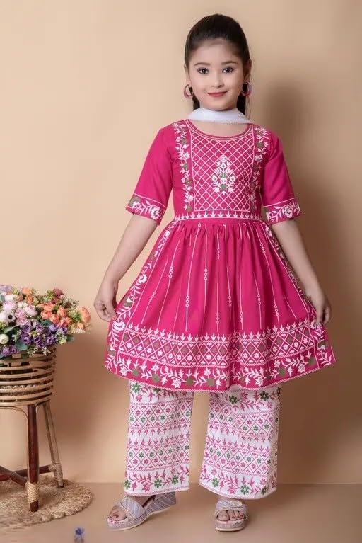 Image of Girls Traditional Embroidered Kurta Palazzo Set, Green and White, Floral Design, Half Sleeves