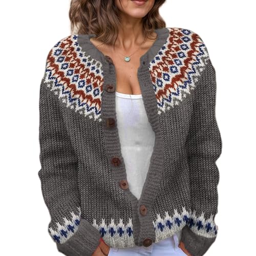 TIAFORD Women's Fair Isle Cardigan Sweater Crew Neck Button Down Knitted Sweater Casual Fall Winter Long Sleeve Coat