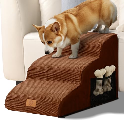 Eukue Hundetreppe 3 Stufen, Hundetreppen für Kleine Hunde und Katzen, Tragbare Hunderampe für Bett und Sofa, Hochdichtem Schaum Haustiertreppe mit Bezug und Tasche, Braun