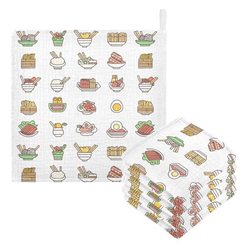 Image of vvfelixl Asian Food Icons Baby Burp Cloths Baby Muslin Washcloths for Boys Girls Cotton Babys Face Towel for Newborn Soft 11.8 X 11.8 in, 5 Pack