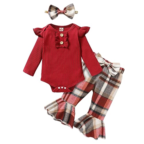 Image of YOUNGER TREE Newborn Baby Girl Clothes Fall Outfits Infant Romper Plaid Flared Pants Baby Winter Clothing for Girls 0-24M