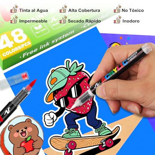 Image of Allinside Acrylic Paint Markers, 48 Colors Soft Brush Tip Paint Pens, Waterproof Quick Dry Acrylic Markers for Rock Painting Wood Canvas Glass Fabric Stone Egg DIY Art Crafts Supplies