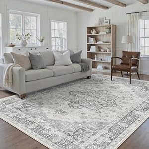 Gray 6x9 Area Rug Washable Vintage Living Room Carpet Non Slip Retro Distressed Low Pile Soft Oriental Medallion Thin Large Grey Throw Rug for Office Bedroom Dining Room Playroom 6' x 9' (Re