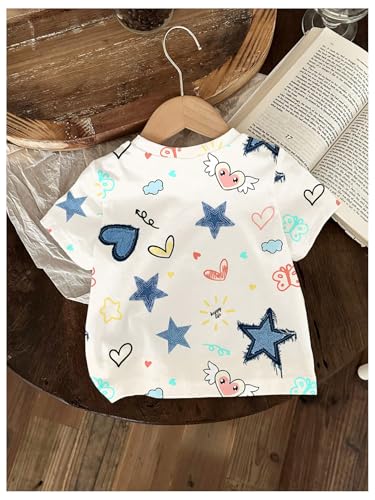 Girl's Star Heart Print Tee Shirt Graphic Crew Neck Short Sleeve Cute Summer Top2